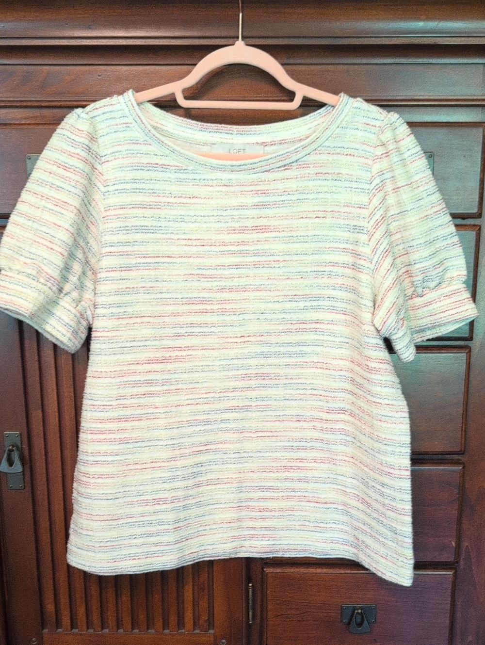 LOFT Cream Short-Sleeve Textured Stripe Tee with Pastel Accents